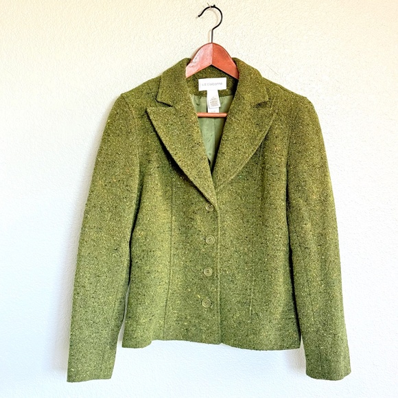 VTG 90s Dark Academia Liz Claiborne Green Tweed Wool Blend Blazer Size 10 - Picture 8 of 15